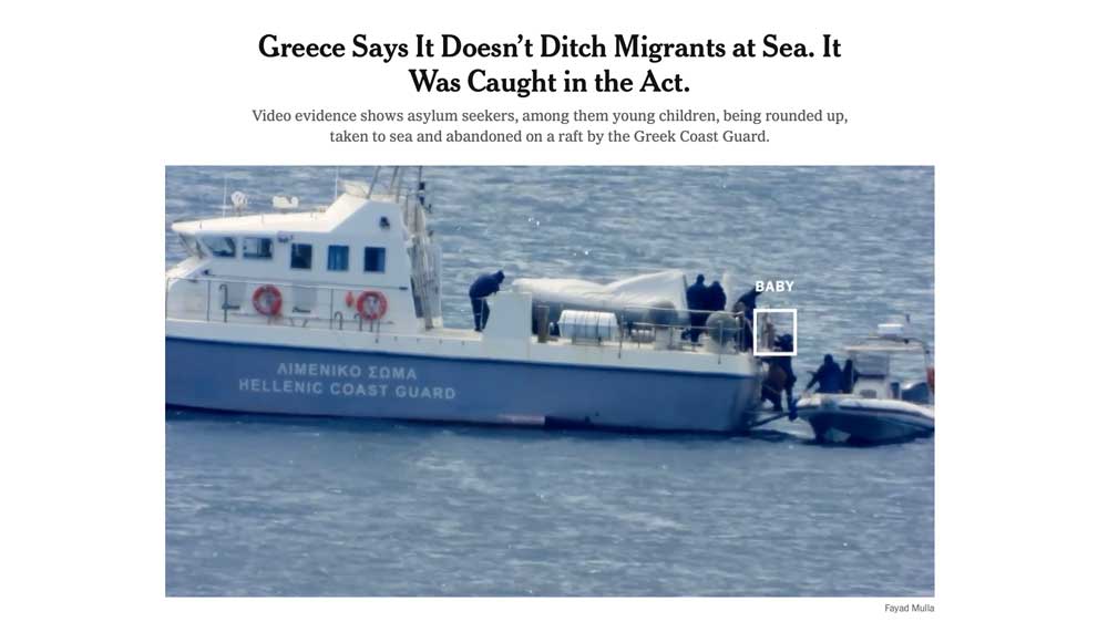 Εικόνα του άρθρου NYT: «Η Ελλάδα λέει ότι δεν παρατάει τους μετανάστες στη θάλασσα. Πιάστηκε επ' αυτοφώρω»